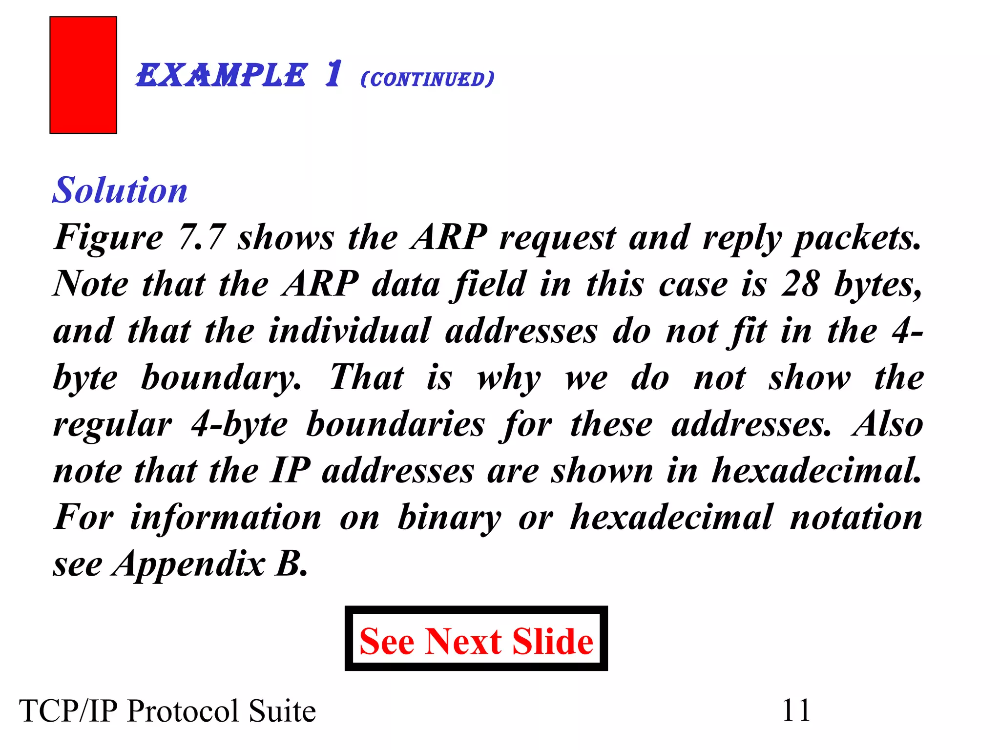 ExamplE 1

(ContinuEd)

Solution
Figure 7.7 shows the ARP request and reply packets.
Note that the ARP data field in this case is 28 bytes,
and that the individual addresses do not fit in the 4byte boundary. That is why we do not show the
regular 4-byte boundaries for these addresses. Also
note that the IP addresses are shown in hexadecimal.
For information on binary or hexadecimal notation
see Appendix B.
See Next Slide
TCP/IP Protocol Suite

11

 