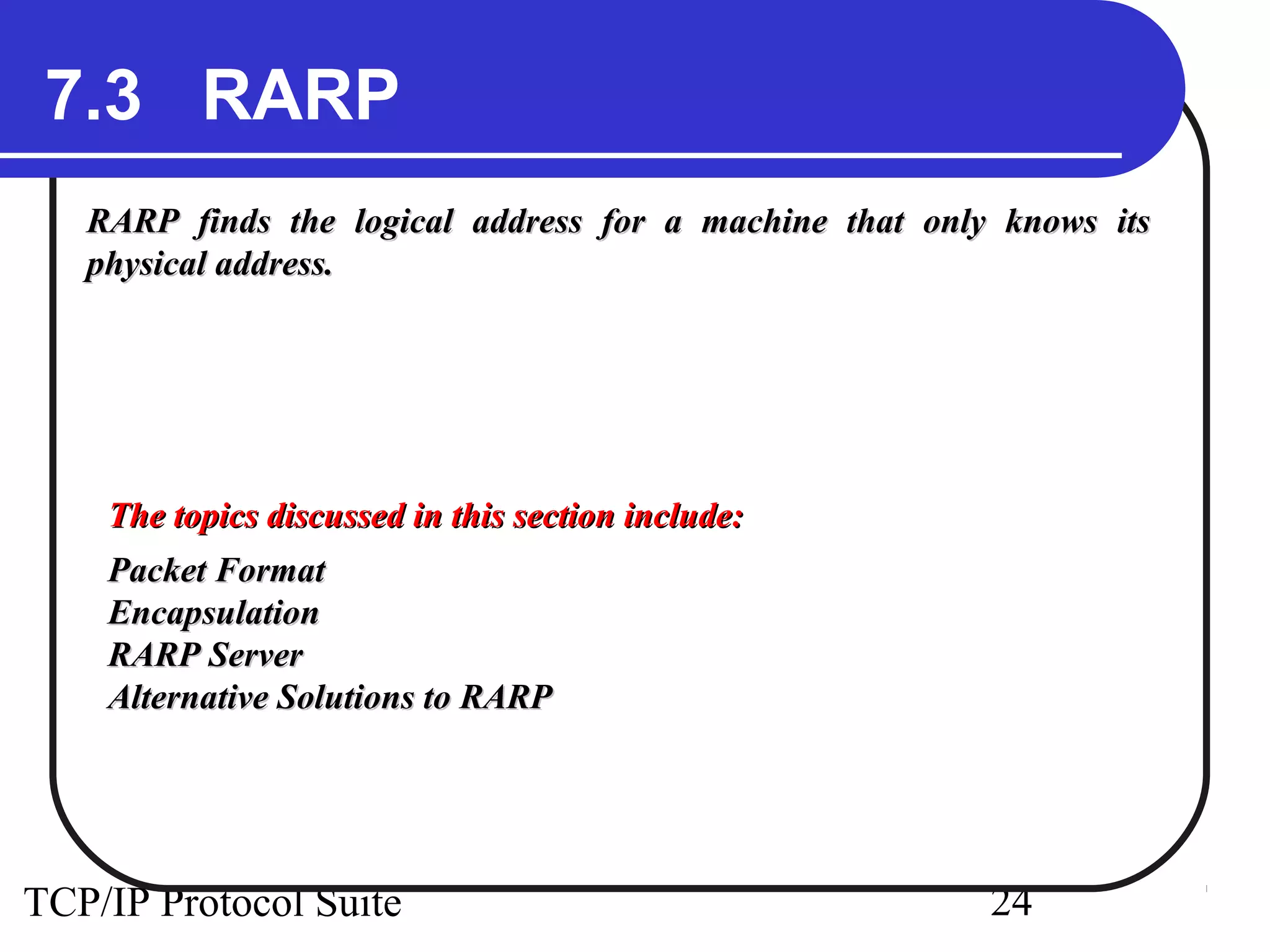 7.3 RARP
RARP finds the logical address for a machine that only knows its
physical address.

The topics discussed in this section include:
Packet Format
Encapsulation
RARP Server
Alternative Solutions to RARP

TCP/IP Protocol Suite

24

 