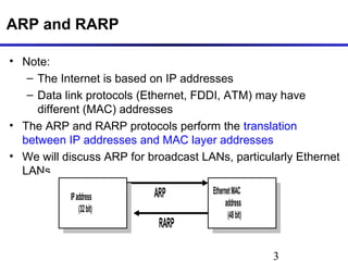 3
ARP and RARP
• Note:
– The Internet is based on IP addresses
– Data link protocols (Ethernet, FDDI, ATM) may have
different (MAC) addresses
• The ARP and RARP protocols perform the translation
between IP addresses and MAC layer addresses
• We will discuss ARP for broadcast LANs, particularly Ethernet
LANs
RARP
EthernetMAC
address
(48bit)
ARPIPaddress
(32bit)
 