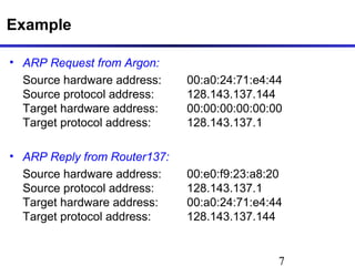 7
Example
• ARP Request from Argon:
Source hardware address: 00:a0:24:71:e4:44
Source protocol address: 128.143.137.144
Target hardware address: 00:00:00:00:00:00
Target protocol address: 128.143.137.1
• ARP Reply from Router137:
Source hardware address: 00:e0:f9:23:a8:20
Source protocol address: 128.143.137.1
Target hardware address: 00:a0:24:71:e4:44
Target protocol address: 128.143.137.144
 
