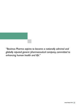 “Beximco Pharma aspires to become a nationally admired and
globally reputed generic pharmaceutical company, committed to
enhancing human health and life.”




                                                       Annual Report 2010
 