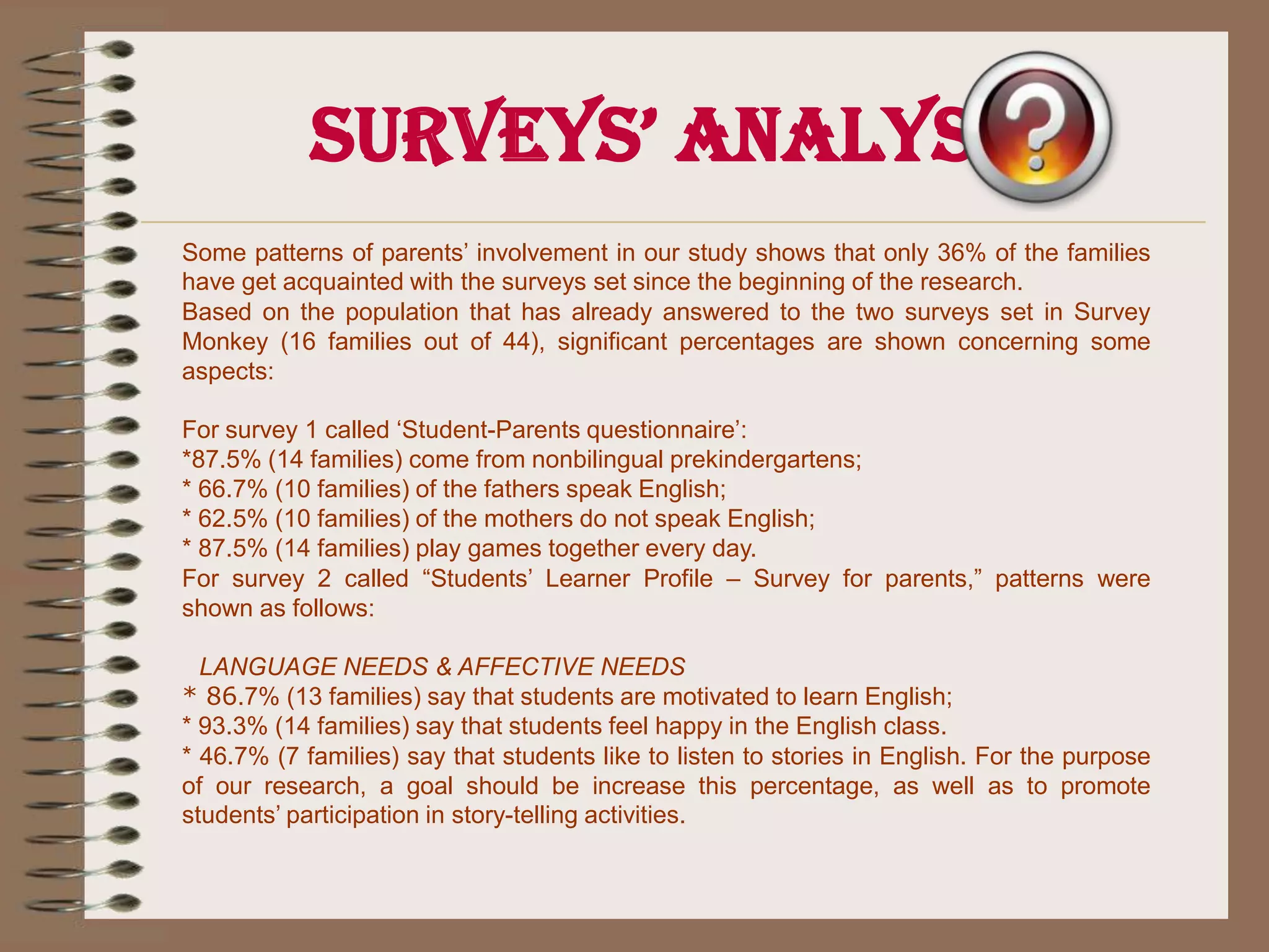Surveys’ AnalysisSome patterns of parents’ involvement in our study shows that only 36% of the families have get acquainted with the surveys set since the beginning of the research. Based on the population that has already answered to the two surveys set in Survey Monkey (16 families out of 44), significant percentages are shown concerning some aspects: For survey 1 called ‘Student-Parents questionnaire’: *87.5% (14 families) come from nonbilingual prekindergartens; * 66.7% (10 families) of the fathers speak English; * 62.5% (10 families) of the mothers do not speak English; * 87.5% (14 families) play games together every day. For survey 2 called “Students’ Learner Profile – Survey for parents,” patterns were shown as follows:   LANGUAGE NEEDS & AFFECTIVE NEEDS* 86.7% (13 families) say that students are motivated to learn English; * 93.3% (14 families) say that students feel happy in the English class. * 46.7% (7 families) say that students like to listen to stories in English. For the purpose of our research, a goal should be increase this percentage, as well as to promote students’ participation in story-telling activities. 