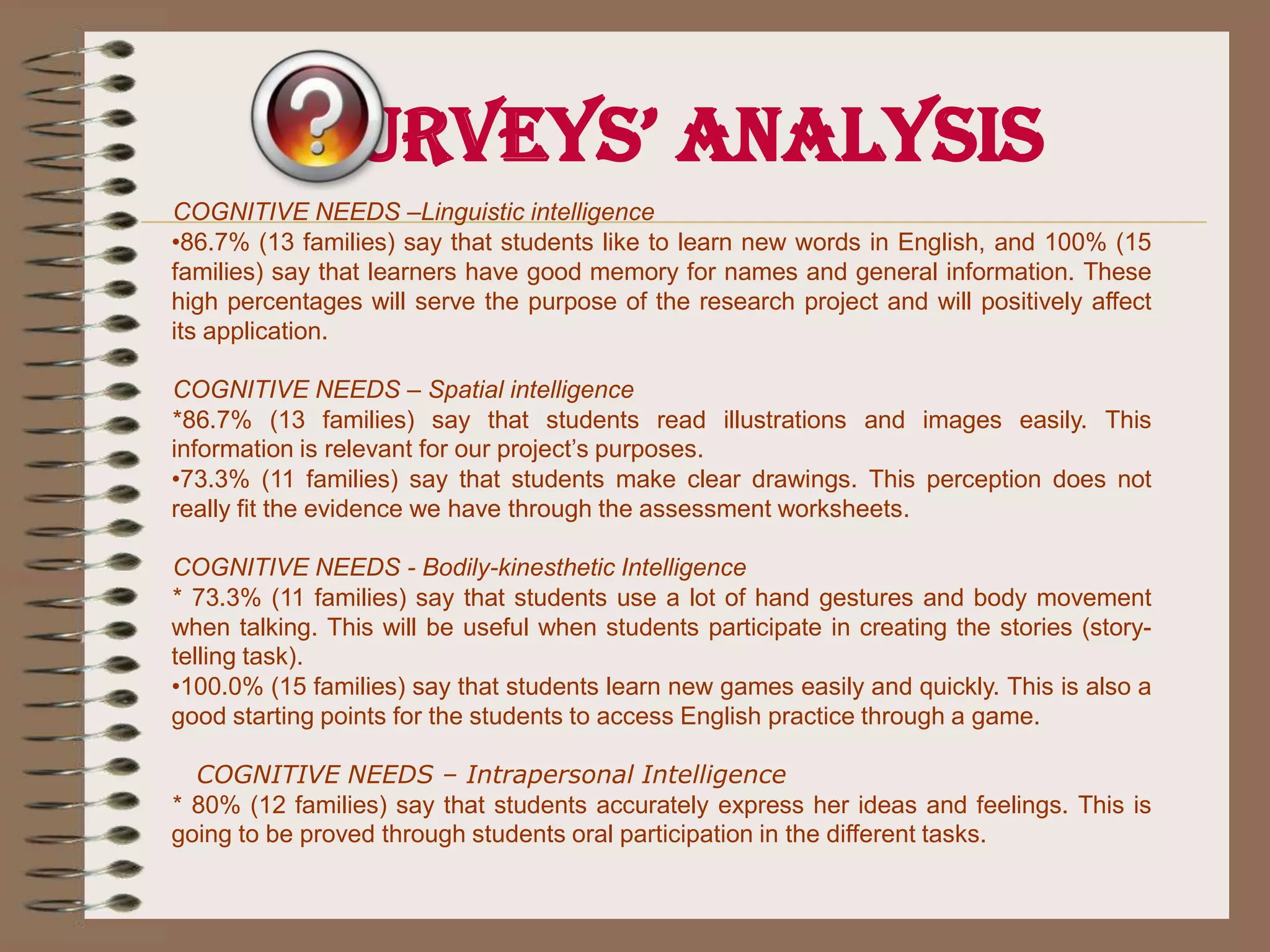 Surveys’ AnalysisCOGNITIVE NEEDS –Linguistic intelligence 86.7% (13 families) say that students like to learn new words in English, and 100% (15 families) say that learners have good memory for names and general information. These high percentages will serve the purpose of the research project and will positively affect its application. COGNITIVE NEEDS – Spatial intelligence *86.7% (13 families) say that students read illustrations and images easily. This information is relevant for our project’s purposes. 73.3% (11 families) say that students make clear drawings. This perception does not really fit the evidence we have through the assessment worksheets. COGNITIVE NEEDS - Bodily-kinesthetic Intelligence * 73.3% (11 families) say that students use a lot of hand gestures and body movement when talking. This will be useful when students participate in creating the stories (story-telling task). 100.0% (15 families) say that students learn new games easily and quickly. This is also a good starting points for the students to access English practice through a game.    COGNITIVE NEEDS – Intrapersonal Intelligence * 80% (12 families) say that students accurately express her ideas and feelings. This is going to be proved through students oral participation in the different tasks. 