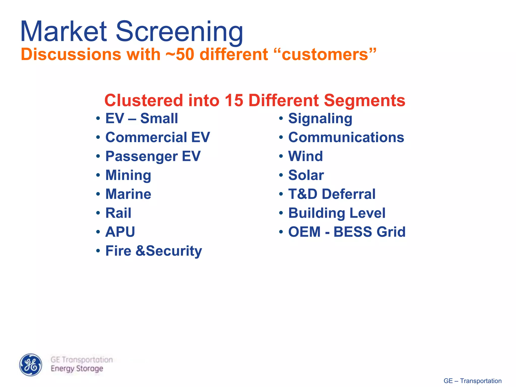 Market Screening
Discussions with ~50 different “customers”

            Clustered into 15 Different Segments
        •   EV – Small          •   Signaling
        •   Commercial EV       •   Communications
        •   Passenger EV        •   Wind
        •   Mining              •   Solar
        •   Marine              •   T&D Deferral
        •   Rail                •   Building Level
        •   APU                 •   OEM - BESS Grid
        •   Fire &Security




                                                      GE – Transportation
 