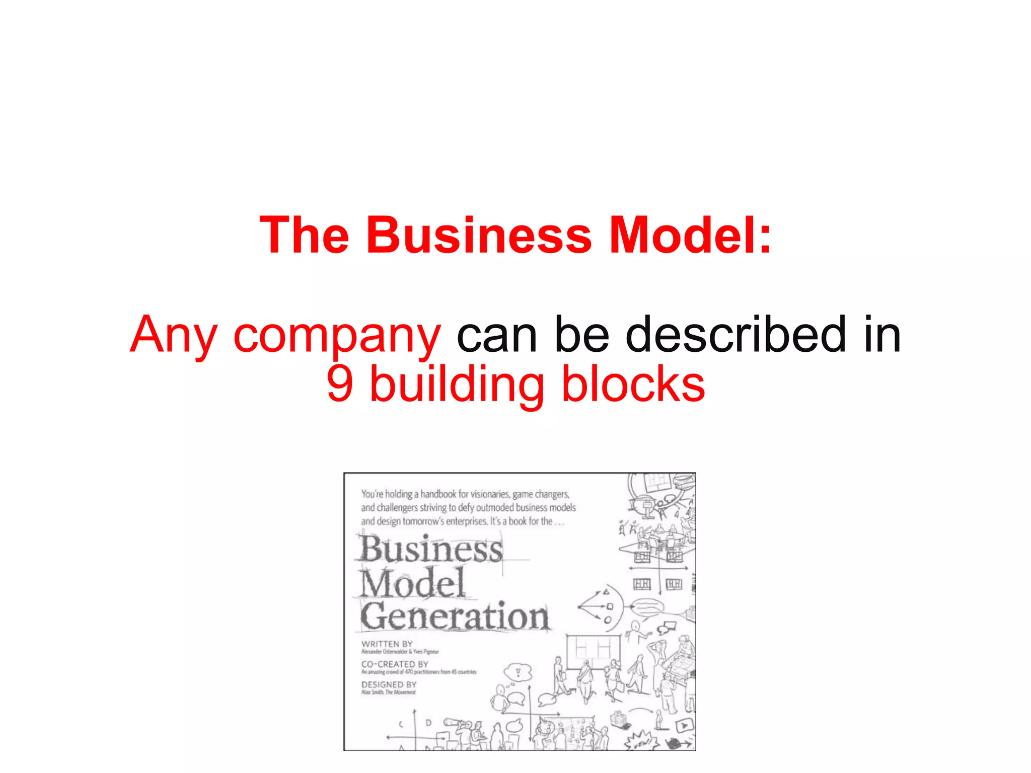 The Business Model:
Any company can be described in
       9 building blocks
 
