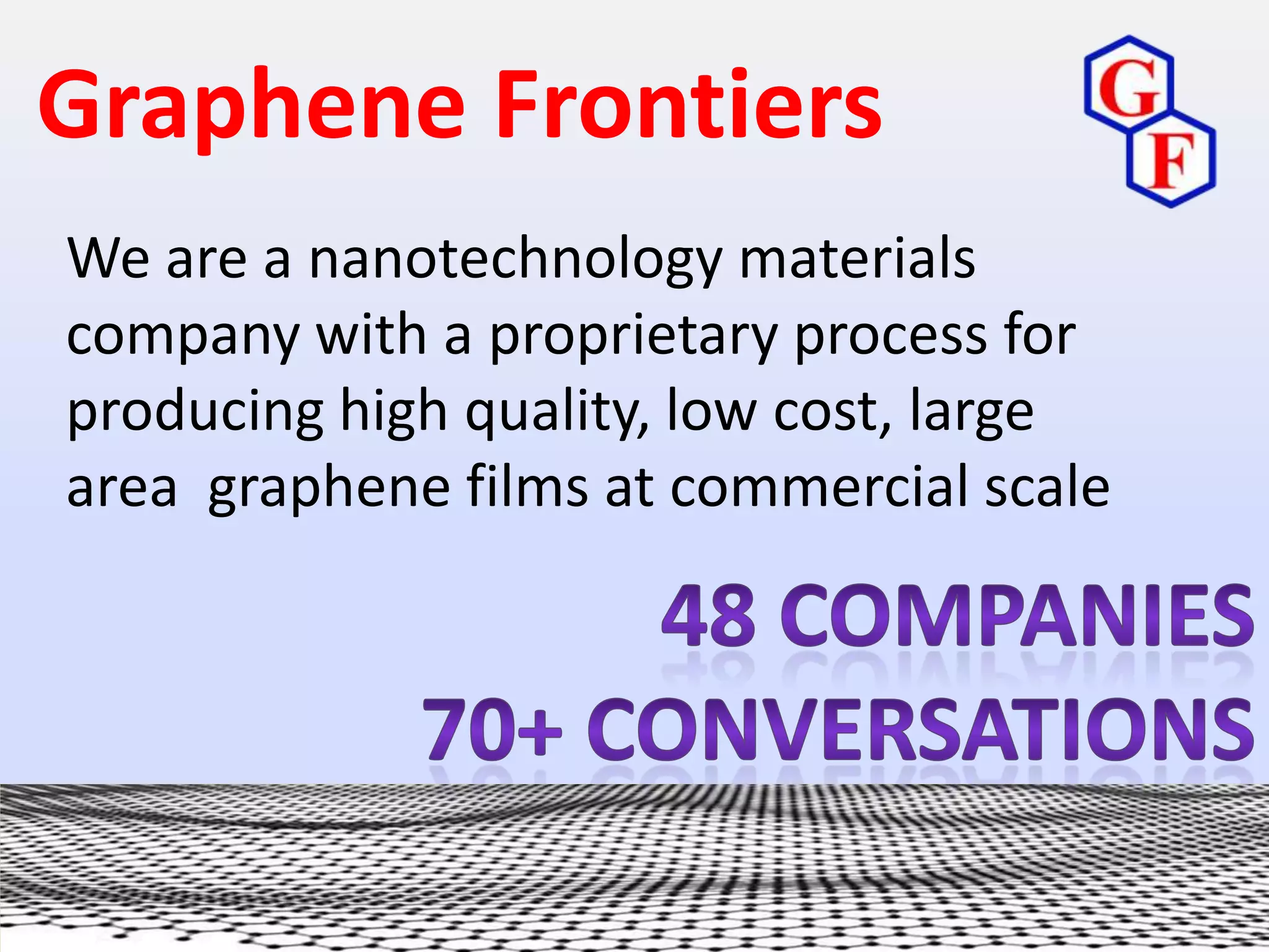 Graphene Frontiers
We are a nanotechnology materials
company with a proprietary process for
producing high quality, low cost, large
area graphene films at commercial scale
 