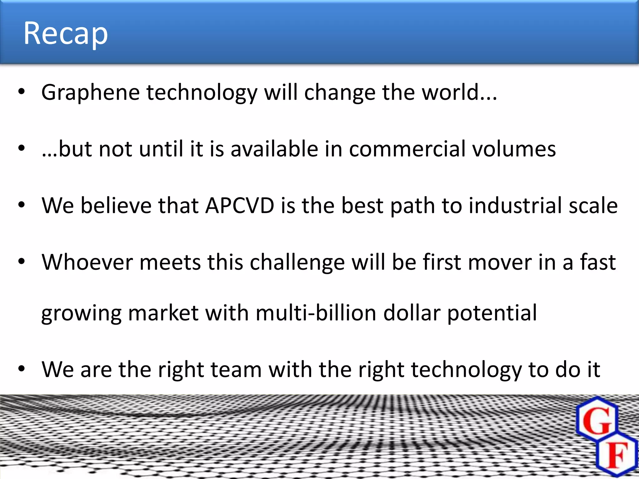 Recap
• Graphene technology will change the world...

• …but not until it is available in commercial volumes

• We believe that APCVD is the best path to industrial scale

• Whoever meets this challenge will be first mover in a fast

  growing market with multi-billion dollar potential

• We are the right team with the right technology to do it
 