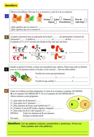 Semáforo

        Observa los dibujos. Pon una X si se conserva, y una X si no se conserva:

1
                                                                 Forma    Color     Número                                 Peso de
                                                                     Época      Procedencia                                cada hoja

        ¿Qué significa que se conserva? ............................................................................................
        ¿Qué significa que no se conserva? .......................................................................................


2       ¿Cuántos elementos hay en cada parte de la línea? ........... ¿Es permanente el número de
        elementos? .......... Cambia la .............................., el ......................de dos ............................
        Completa el 2º y el 3º; inventa uno donde no hay más que una línea.




                                        =                              =                                 =



      Cuando se parten las frutas, se hace una macedonia muy sabrosa. Parece que todo es distinto:
3     ya no se ve la manzana entera, ni la pera, ni las cerezas... Pero no todo cambia.
                                                  Escribe tres cosas que permanecen:
                                                  1................................... 2.............................. 3...........................
                                                  Escribe lo que cambia: 1............................. 2.............................



4       Fíjate en el dibujo (se llama diagrama). La letra A es el grupo o conjunto ALUMNOS.
        B es el conjunto ALUMNOS DE 5º. C es el conjunto de ALUMNOS DE 6º.
        Ahora contesta a estas preguntas:

       1ª: ¿Son todos los B alumnos? ........
                                                                                                                               A
       2ª: ¿Son todos los C alumnos? ........
       3ª: ¿Hay alumnos de B que sean también de C? .......                                                        B                        C
       4ª: ¿Cuántos A son de B? (todos, algunos, ninguno) .................
       5ª: ¿Son todos los B y C del conjunto A? ...........
       PIENSA:        Todos los alumnos de B son alumnos.
                      Enrique es alumno de B.
       Por tanto:     .............................................................................

    Semáforo: Con las palabras conjunto, característica y pertenecer, forma una
                         frase (puedes usar más palabras):

    ...............................................................................................................................
    .............................................................................................................
 