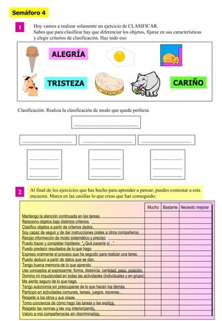 Semáforo 4

 1         Hoy vamos a realizar solamente un ejercicio de CLASIFICAR.
           Sabes que para clasificar hay que diferenciar los objetos, fijarse en sus características
           y elegir criterios de clasificación. Haz todo eso:


                      ALEGRÍA


                    TRISTEZA                                                                  CARIÑO


 Clasificación: Realiza la clasificación de modo que quede perfecta.




         Al final de los ejercicios que has hecho para aprender a pensar, puedes contestar a esta
 2
         encuesta. Marca en las casillas lo que creas que has conseguido:

                                                                                  Mucho Bastante Necesito mejorar
     Mantengo la atención continuada en las tareas.
     Relaciono objetos bajo distintos criterios.
     Clasifico objetos a partir de criterios dados.
     Soy capaz de seguir y de dar instrucciones orales a otros compañeros.
     Recojo información de modo sistemático y preciso.
     Puedo trazar y completar hipótesis: “¿Qué pasaría si...”
     Puedo predecir resultados de lo que hago.
     Expreso oralmente el proceso que ha seguido para realizar una tarea.
     Puedo deducir a partir de datos que se dan.
     Tengo buena memoria de lo que aprendo.
     Uso conceptos al expresarme: forma, distancia, cantidad, peso, posición.
     Domino mi impulsividad en todas las actividades (individuales y en grupo).
     Me siento seguro de lo que hago.
     Tengo autonomía sin preocuparse de lo que hacen los demás.
     Participo en actividades comunes, tareas, juegos, escenas...
     Respeto a los otros y sus cosas.
     Tomo conciencia de cómo hago las tareas y las explica.
     Respeto las normas y las voy interiorizando.
     Valoro a mis compañeros/as sin discriminarlos.
 