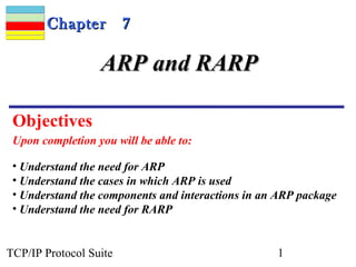 Chapter          7

                  ARP and RARP

 Objectives
 Upon completion you will be able to:

 • Understand the need for ARP
 • Understand the cases in which ARP is used
 • Understand the components and interactions in an ARP package
 • Understand the need for RARP


TCP/IP Protocol Suite                              1
 