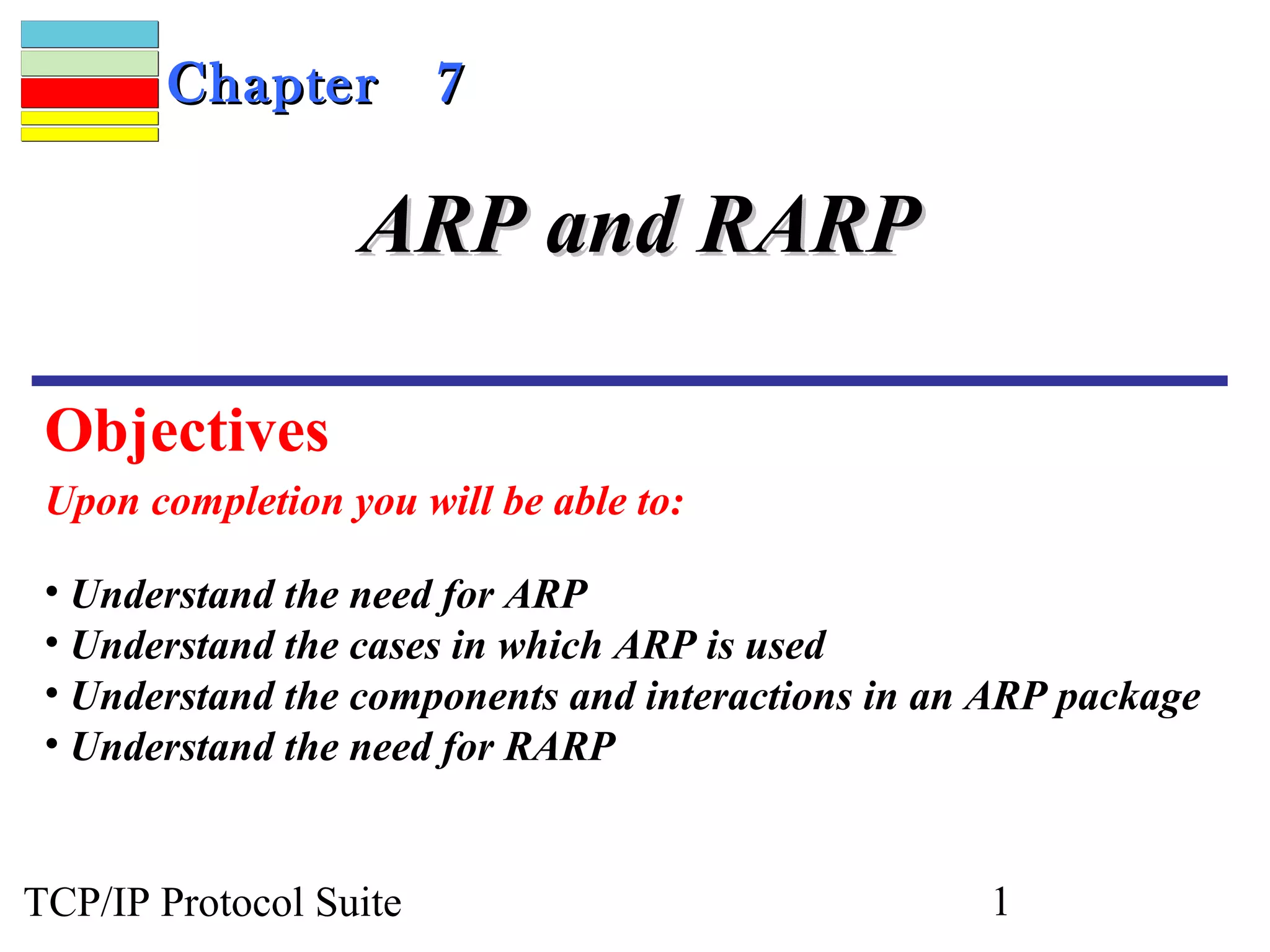 Chapter          7

                  ARP and RARP

 Objectives
 Upon completion you will be able to:

 • Understand the need for ARP
 • Understand the cases in which ARP is used
 • Understand the components and interactions in an ARP package
 • Understand the need for RARP


TCP/IP Protocol Suite                              1
 
