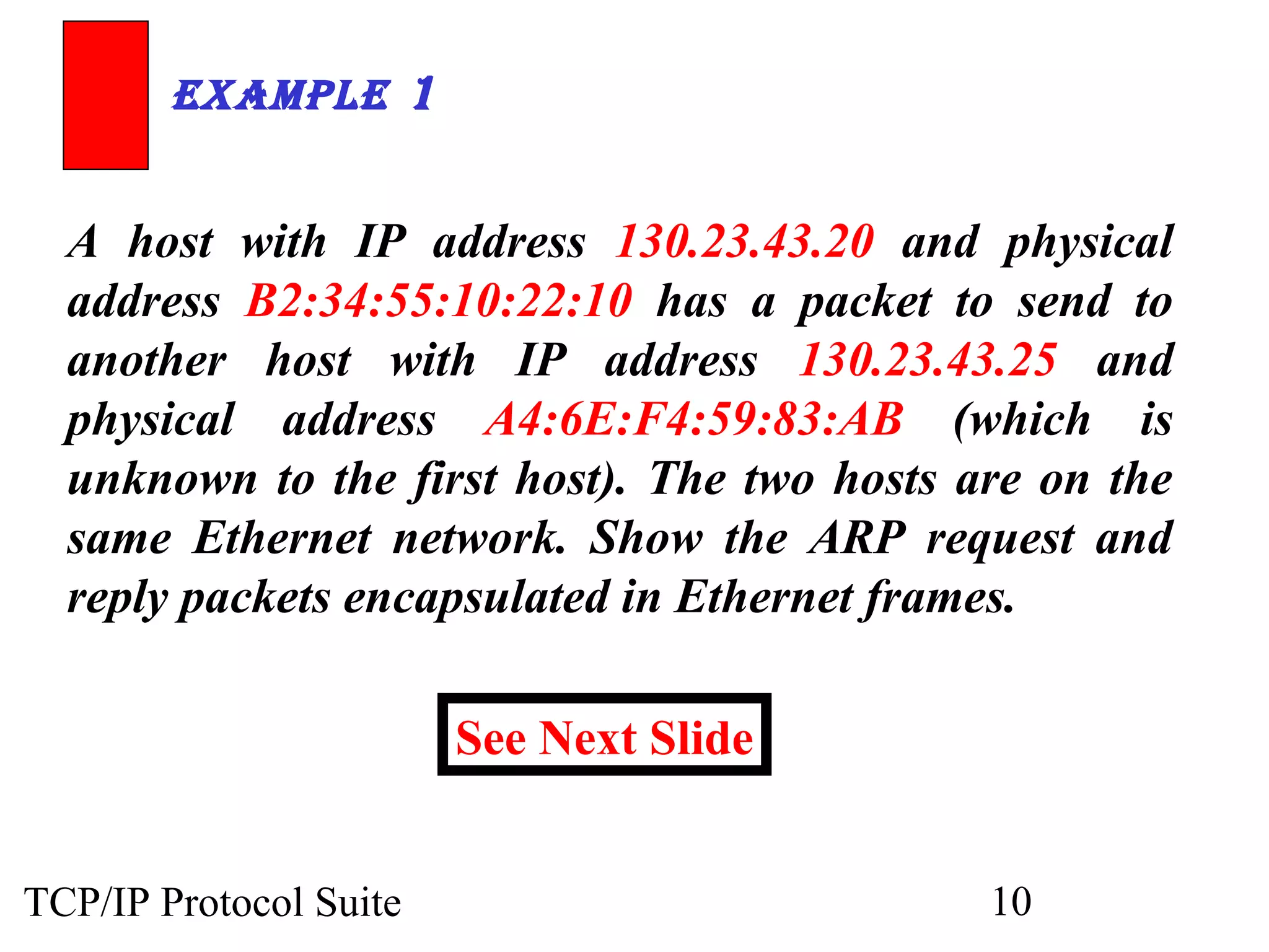 ExamplE 1


  A host with IP address 130.23.43.20 and physical
  address B2:34:55:10:22:10 has a packet to send to
  another host with IP address 130.23.43.25 and
  physical address A4:6E:F4:59:83:AB (which is
  unknown to the first host). The two hosts are on the
  same Ethernet network. Show the ARP request and
  reply packets encapsulated in Ethernet frames.

                        See Next Slide


TCP/IP Protocol Suite                        10
 