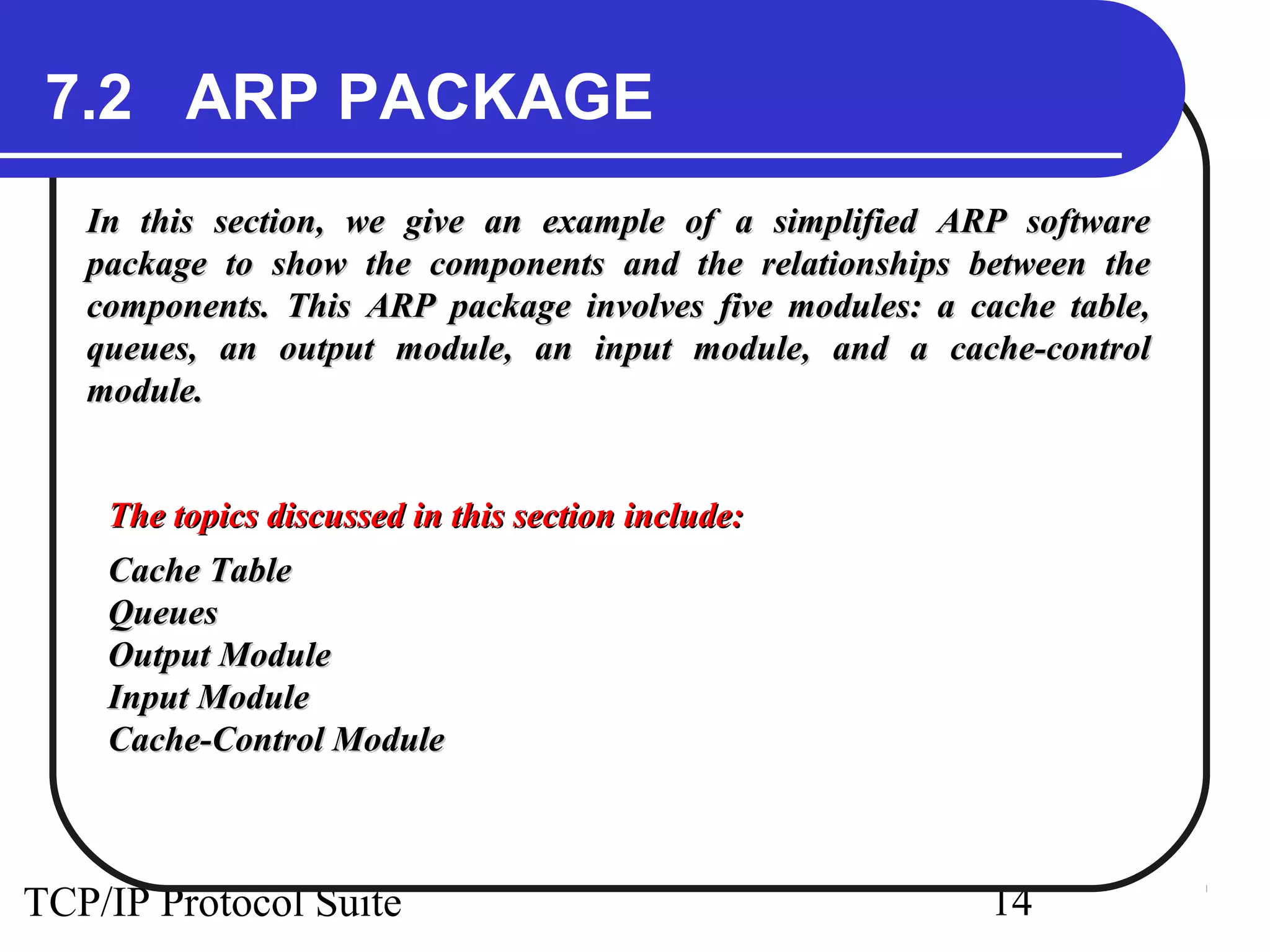 7.2 ARP PACKAGE
   In this section, we give an example of a simplified ARP software
   package to show the components and the relationships between the
   components. This ARP package involves five modules: a cache table,
   queues, an output module, an input module, and a cache-control
   module.


    The topics discussed in this section include:
    Cache Table
    Queues
    Output Module
    Input Module
    Cache-Control Module



TCP/IP Protocol Suite                                      14
 