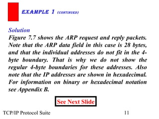 ExamplE 1       (ContinuEd)




  Solution
  Figure 7.7 shows the ARP request and reply packets.
  Note that the ARP data field in this case is 28 bytes,
  and that the individual addresses do not fit in the 4-
  byte boundary. That is why we do not show the
  regular 4-byte boundaries for these addresses. Also
  note that the IP addresses are shown in hexadecimal.
  For information on binary or hexadecimal notation
  see Appendix B.

                        See Next Slide
TCP/IP Protocol Suite                          11
 