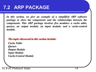 7.2 ARP PACKAGE
   In this section, we give an example of a simplified ARP software
   package to show the components and the relationships between the
   components. This ARP package involves five modules: a cache table,
   queues, an output module, an input module, and a cache-control
   module.


    The topics discussed in this section include:
    Cache Table
    Queues
    Output Module
    Input Module
    Cache-Control Module



TCP/IP Protocol Suite                                      14
 