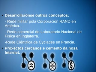 ● Desarrollarónse outros conceptos:
- Rede militar pola Corporación RAND en
América.
- Rede comercial do Laboratorio Nacional de
Física en Inglaterra.
-Rede Ciéntifica de Cyclades en Francia.
● Proxectos cercanos e cemento da nosa
Internet.
 
