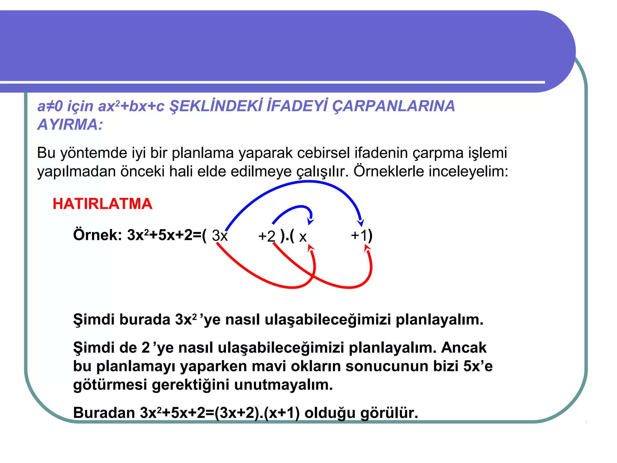 a≠0 için ax2+bx+c ŞEKLİNDEKİ İFADEYİ ÇARPANLARINA
AYIRMA:
Bu yöntemde iyi bir planlama yaparak cebirsel ifadenin çarpma işlemi
yapılmadan önceki hali elde edilmeye çalışılır. Örneklerle inceleyelim:

  HATIRLATMA

     Örnek: 3x2+5x+2=( 3x        +2 ).( x      +1)




     Şimdi burada 3x2 ’ye nasıl ulaşabileceğimizi planlayalım.
     Şimdi de 2 ’ye nasıl ulaşabileceğimizi planlayalım. Ancak
     bu planlamayı yaparken mavi okların sonucunun bizi 5x’e
     götürmesi gerektiğini unutmayalım.
     Buradan 3x2+5x+2=(3x+2).(x+1) olduğu görülür.
 