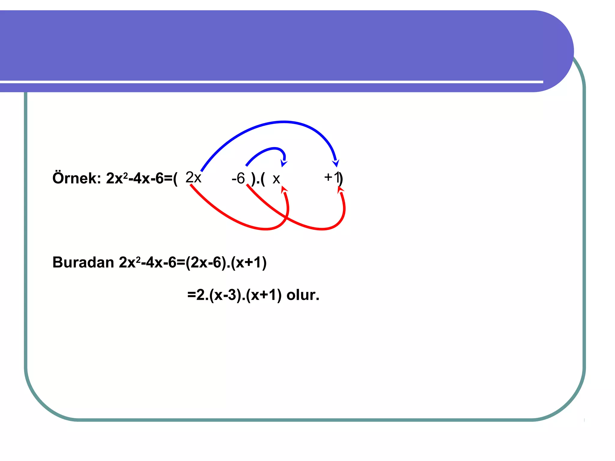 Örnek: 2x2-4x-6=( 2x    -6 ).( x         +1)




Buradan 2x2-4x-6=(2x-6).(x+1)

                  =2.(x-3).(x+1) olur.
 