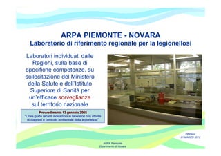 ARPA PIEMONTE - NOVARA
    Laboratorio di riferimento regionale per la legionellosi
Laboratori individuati dalle
   Regioni, sulla base di
specifiche competenze, su
sollecitazione del Ministero
 della Salute e dell’Istituto
  Superiore di Sanità per
 un’efficace sorveglianza
  sul territorio nazionale
          Provvedimento 13 gennaio 2005
“Linee guida recanti indicazioni ai laboratori con attività
  di diagnosi e controllo ambientale della legionellosi”



                                                                                      PREMIA
                                                                                  21 MARZO 2012

                                                            ARPA Piemonte
                                                         Dipartimento di Novara
 