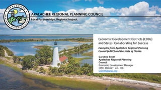 Economic Development Districts (EDDs)
and States: Collaborating for Success
Caroline Smith
Apalachee Regional Planning
Council
Economic Development Manager
(850) 488-6211 ext. 108
CSmith@arpc.org
Examples from Apalachee Regional Planning
Council (ARPC) and the State of Florida
 