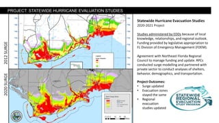 Statewide Hurricane Evacuation Studies
2020-2021 Project
Studies administered by EDDs because of local
knowledge, relationships, and regional outlook.
Funding provided by legislative appropriation to
FL Division of Emergency Management (FDEM).
Agreement with Northeast Florida Regional
Council to manage funding and update. RPCs
conducted surge modelling and partnered with
private sector to conduct analyses of shelters,
behavior, demographics, and transportation.
PROJECT: STATEWIDE HURRICANE EVALUATION STUDIES
2012
SURGE
2020
SURGE
Project Outcomes:
• Surge updated
• Evacuation zones
stayed the same
• Regional
evacuation
studies updated
 