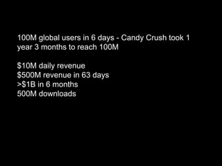 100M global users in 6 days - Candy Crush took 1
year 3 months to reach 100M
$10M daily revenue
$500M revenue in 63 days
>$1B in 6 months
500M downloads
 
