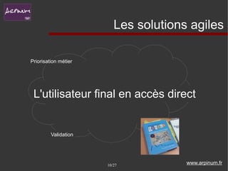 Les solutions agiles

Priorisation métier




 L'utilisateur final en accès direct


         Validation




                      10/27           www.arpinum.fr
 