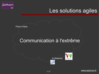 Les solutions agiles

Face à face




   Communication à l'extrême


                      A distance




              11/27                www.arpinum.fr
 
