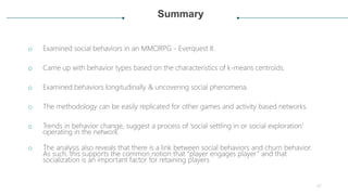 Summary
o Examined social behaviors in an MMORPG - Everquest II.
o Came up with behavior types based on the characteristic...