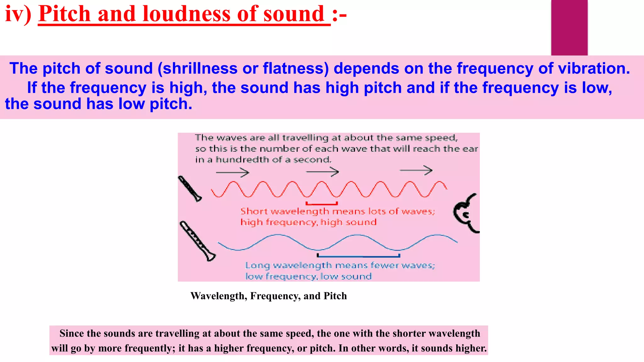 iv) Pitch and loudness of sound :-
The pitch of sound (shrillness or flatness) depends on the frequency of vibration.
If the frequency is high, the sound has high pitch and if the frequency is low,
the sound has low pitch.
Wavelength, Frequency, and Pitch
Since the sounds are travelling at about the same speed, the one with the shorter wavelength
will go by more frequently; it has a higher frequency, or pitch. In other words, it sounds higher.
 