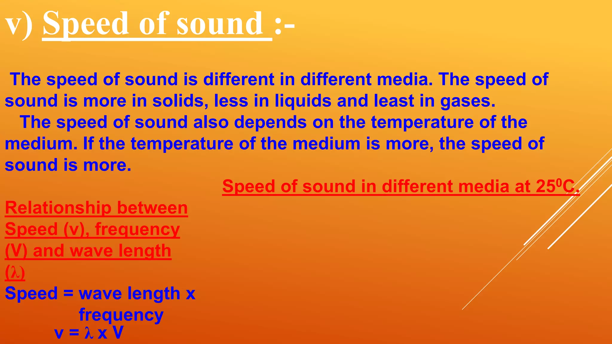 v) Speed of sound :-
The speed of sound is different in different media. The speed of
sound is more in solids, less in liquids and least in gases.
The speed of sound also depends on the temperature of the
medium. If the temperature of the medium is more, the speed of
sound is more.
Speed of sound in different media at 250C.
Relationship between
Speed (v), frequency
(٧) and wave length
(λ)
Speed = wave length x
frequency
v = λ x ٧
 