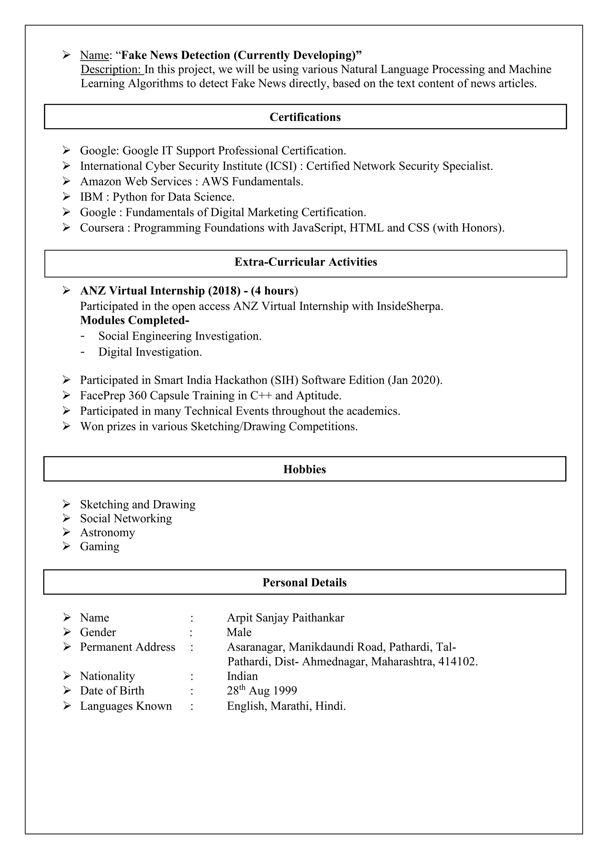 Arpit Paithankar Resume | PDF