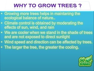 • Growing more trees helps in maintaning the
ecological balance of nature..
• Climate control is obtained by moderating the
effects of sun, wind, and rain
• We are cooler when we stand in the shade of trees
and are not exposed to direct sunlight
• Wind speed and direction can be affected by trees.
• The larger the tree, the greater the cooling.
 