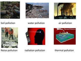•
Soil pollution water pollution air pollution
Noise pollution radiation pollution thermal pollution
 