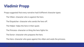 Vladimir Propp
Propp suggested that every narrative had 8 different character types:
The Villain- character who is against the hero.
The Dispatcher- character who sends the hero off.
The Helper- helps the hero in their quest.
The Princess- character or thing the hero fights for.
The Donor- character who prepares the hero.
The Hero- character who goes against the villain and weds the princess.
The False Hero- character who attempts to take credit for the hero’s actions
and tries to marry the princess.
 