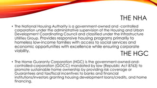 THE NHA
• The National Housing Authority is a government-owned and -controlled
corporation under the administrative supervision of the Housing and Urban
Development Coordinating Council and classified under the Infrastructure
Utilities Group. Provides responsive housing programs primarily to
homeless low-income families with access to social services and
economic opportunities with excellence while ensuring corporate
viability.
THE HGC
• The Home Guaranty Corporation (HGC) is the government-owned-and-
controlled-corporation (GOCC) mandated by law (Republic Act 8763) to
promote sustainable home ownership by providing risk coverage or
Guarantees and tax/fiscal incentives to banks and financial
institutions/investors granting housing development loans/credits, and home
financing.
 