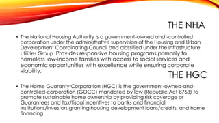 THE NHA
• The National Housing Authority is a government-owned and -controlled
corporation under the administrative superv...