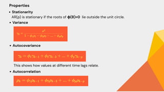 Stationarity
AR(p) is stationary if the roots of ϕ(B)=0 lie outside the unit circle.
Variance
Autocovariance
This shows how values at different time lags relate.
Autocorrelation
Properties
 