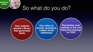 So what do you do?
Remember your
website is the one
thing that belongs
to YOU!
Use video to
answer questions,
collect email
addresses
Your website
should a library
that generates
leads
presence
online
 
