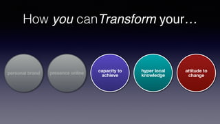 How you canTransform your…
presence online capacity to
achievepersonal brand
hyper local
knowledge
attitude to
change
 