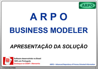 ARPO
BUSINESS MODELER
APRESENTAÇÃO DA SOLUÇÃO
Software desenvolvido no Brasil
100% em Português
Destaque na CEBIT / Alemanha
© KLUG SOLUTIONS

ARPO = Advanced Repository of Process Oriented Information
1

 