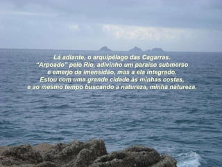 Lá adiante, o arquipélago das Cagarras. “ Arpoado” pelo Rio, adivinho um paraíso submerso e emerjo da imensidão, mas a ela integrado. Estou com uma grande cidade às minhas costas, e ao mesmo tempo buscando a natureza, minha natureza. 