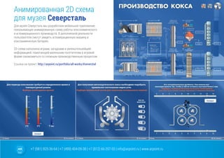 +7 (981) 825-36-64 | +7 (499) 404-09-38 | +7 (812) 66-207-55 | info@arpoint.ru | www.arpoint.ru
Анимированная 2D схема
для музея Северсталь
Анимированная 2D схема
для музея Северсталь
Для музея Северсталь мы разработали мобильное приложение,
показывающее анимированную схему работы коксохимического
и агломерационного производств. В дополненной реальности
пользователи смогут увидеть агломерационную машину и
коксохимическую батарею.
2D схема наполнена играми, загадками и увлекательнейшей
информацией, помогающей маленьким посетителям в игровой
форме ознакомиться со сложным производственным процессом.
Ссылка на проект: http://arpoint.ru/portfolio/all-works/#severstal
 