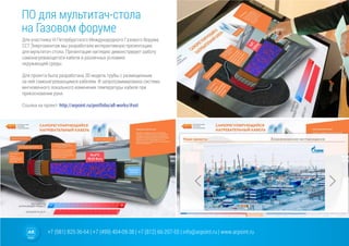 +7 (981) 825-36-64 | +7 (499) 404-09-38 | +7 (812) 66-207-55 | info@arpoint.ru | www.arpoint.ru
Для участника VI Петербургского Международного Газового Форума
ССТ Энергомонтаж мы разработали интерактивную презентацию
для мультитач стола. Презентация наглядно демонстрирует работу
самонагревающегося кабеля в различных условиях
окружающей среды.
Для проекта была разработана 3D модель трубы с размещенным
на ней самонагревающимся кабелем. И запрограммирована система
мнгновенного локального изменения температуры кабеля при
прикосновении руки.
Ссылка на проект: http://arpoint.ru/portfolio/all-works/#sst
ПО для мультитач-стола
на Газовом форуме
ПО для мультитач-стола
на Газовом форуме
 