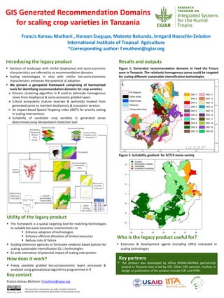 GIS Generated Recommendation Domains
for scaling crop varieties in Tanzania
Utility of the legacy product
 The framework is a spatial targeting tool for matching technologies
to suitable bio-socio-economic environments to:
 Enhance adoption of technologies
 Enhance efficient allocation of limited resources
 Reduce risks of failure
 Guiding extension agencies to formulate evidence based policies for
scaling sustainable intensification (S.I.) technologies
 Ex-ante estimation of potential impact of scaling intervention
Introducing the legacy product
 Sections of landscape with similar biophysical and socio-economic
characteristics are referred to as recommendation domains
 Scaling technologies in sites with similar bio-socio-economic
characteristics enhances the potential of adoption
 We present a geospatial framework comprising of harmonised
tools for identifying recommendation domains for crop varieties:
 Kmeans clustering algorithm in R used to delineate homogenous
zones from biophysical & socio-economic gridded layers
 Critical ecosystems (nature reserves & wetlands) masked from
generated zones to maintain biodiversity & ecosystem services
 An Impact Based Spatial Targeting Index (IBSTI) for priority setting
in scaling interventions
 Suitability of candidate crop varieties in generated zones
determined using extrapolation Detection tool
Pictures
Key partners
 The product was developed by Africa RISING-NAFAKA partnership
project in Tanzania that is led by IITA. Other CRP partners involves in
design or publication of the product include CIAT and IFPRI.
This document is licensed for use under a Creative Commons
Attribution-Non Commercial-Share Alike 4.0 International LicenseNovember 2016
Who is the legacy product useful for?
 Extension & development agents (including CRPs) interested in
scaling technologies
Results and outputs
Figure 1: Generated recommendation domains in Feed the Future
zone in Tanzania. The relatively homogenous zones could be targeted
for scaling different sustainable intensification technologies
Figure 2. Suitability gradient for SC719 maize variety
Key contact
Francis Kamau Muthoni: f.muthoni@cgiar.org
How does it work?
 Freely available gridded bio-socioeconomic layers processed &
analyzed using geostatistical algorithms programmed in R
Francis Kamau Muthoni , Haroon Sseguya, Mateete Bekunda, Irmgard Hoeschle-Zeledon
International Institute of Tropical Agriculture
*Corresponding author: f.muthoni@cgiar.org
 