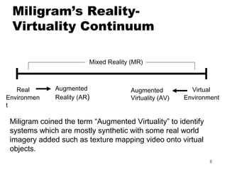 8
Miligram’s Reality-
Virtuality Continuum
Mixed Reality (MR)
Real
Environmen
t
Virtual
Environment
Augmented
Reality (AR)...