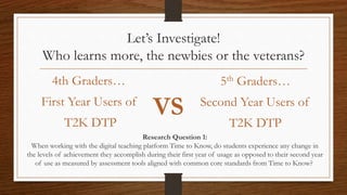 Let’s Investigate!
Who learns more, the newbies or the veterans?
4th Graders…
First Year Users of
T2K DTP
5th Graders…
Second Year Users of
T2K DTP
VS
Research Question 1:
When working with the digital teaching platform Time to Know, do students experience any change in
the levels of achievement they accomplish during their first year of usage as opposed to their second year
of use as measured by assessment tools aligned with common core standards from Time to Know?
 