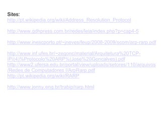 Sites:
http://pt.wikipedia.org/wiki/Address_Resolution_Protocol

http://www.gdhpress.com.br/redes/leia/index.php?p=cap4-5

http://www.inescporto.pt/~jneves/feup/2008-2009/scom/arp-rarp.pdf

http://www.inf.ufes.br/~zegonc/material/Arquitetura%20TCP-
IP/(4)%Protocolo%20ARP%(Jose%20Goncalves).pdf
http://www2.ufersa.edu.br/portal/view/uploads/setores/110/arquivos
/Redes de Computadores I/ArpRarp.pdf
http://pt.wikipedia.org/wiki/RARP

http://www.jonny.eng.br/trabip/rarp.html
 