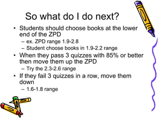So what do I do next? Students should choose books at the lower end of the ZPD  ex. ZPD range 1.9-2.8 Student choose books in 1.9-2.2 range When they pass 3 quizzes with 85% or better then move them up the ZPD  Try the 2.3-2.6 range If they fail 3 quizzes in a row, move them down  1.6-1.8 range 