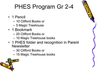 PHES Program Gr 2-4 1 Pencil  10 Clifford Books or  5 Magic Treehouse 1 Bookmark  20 Clifford Books or  10 Magic Treehouse books 1 PHES folder and recognition in Parent Newsletter 30 Clifford Books or 15 Magic Treehouse books 